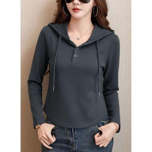 Kadın Uzun Kollu Kapşonlu Bağcıklı Düğmeli Viskon Iki Iplik Füme Bluz