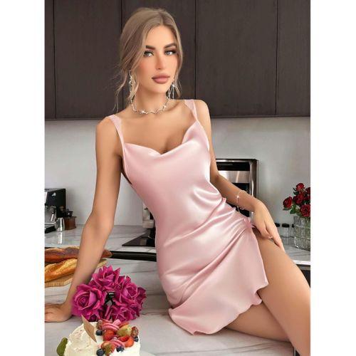 Kadın Saten Askılı Dantel Detaylı Gecelik - Pudra Pembe 2224