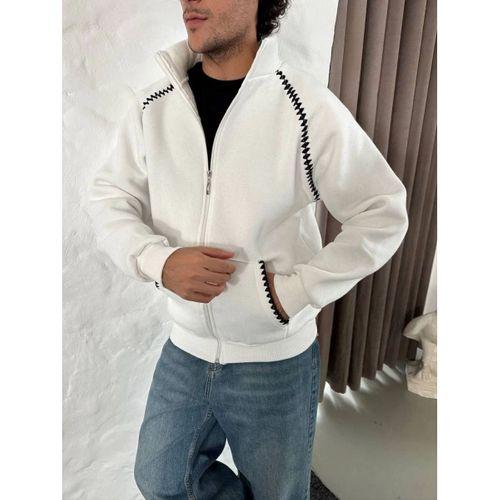 Erkek Oversize Dik Yaka Fermuarlı Sweatshirt - Zincir Nakışli Kanguru Cepli - Beyaz
