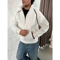 Erkek Oversize Dik Yaka Fermuarlı Sweatshirt - Zincir Nakışli Kanguru Cepli - Beyaz