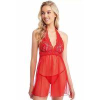 Kırmızı Boyundan Bağlamalı Dantel İşlemeli Fantezi Tül Gecelik