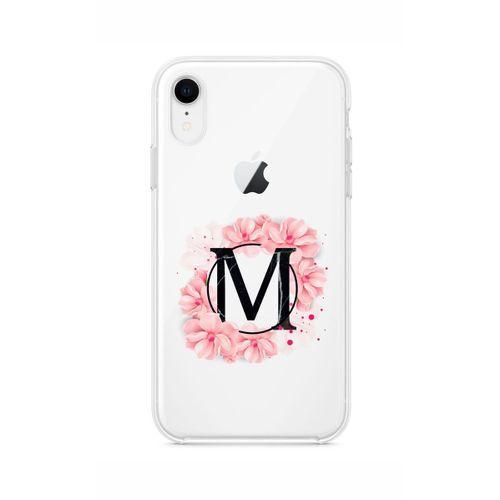 iPhone XR Pembe Çiçek Desen M Harfli Şeffaf Kılıf