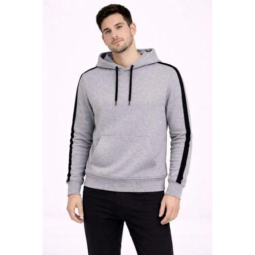 Erkek Şeritli Kapüşonlu Sweatshirt Oversize 3 Iplik Pamuklu - Gri