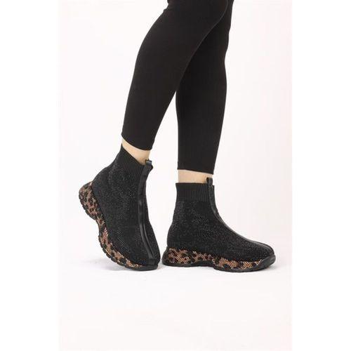 Ferna Siyah Leopar Raş Deri Taşlı Desenli Kışlık Bot