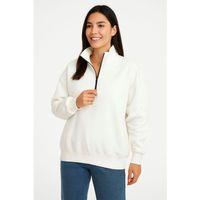 Üç İplik Dık Yaka Yarım Fermuarlı SweatShirt - Beyaz