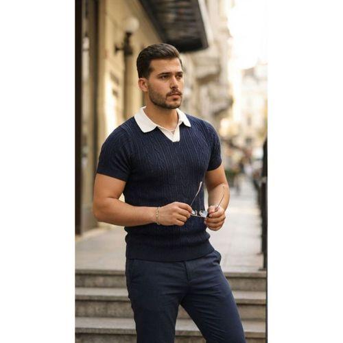 Erkek Desenli Kısa Kollu Triko Tişört - %100 Pamuk Akrilik