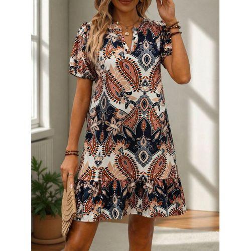 Kadın Kısa Kollu V Yakalı Desenli Kısa Süprem Elbise