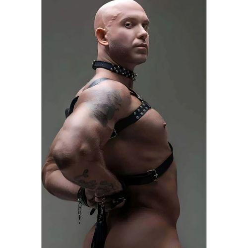 Erkek Fantazi Giyim, Deri Erkek Harness Takım, Çivili Choker, Kırbaç - Brfm102