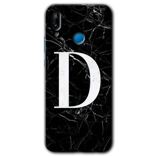 Huawei P20 Lite Kılıf Baskılı Kapak - Siyah Mermer Desenli D Harfi + 5D Tam Kaplayan Cam