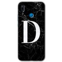 Huawei P20 Lite Kılıf Baskılı Kapak - Siyah Mermer Desenli D Harfi + 5D Tam Kaplayan Cam