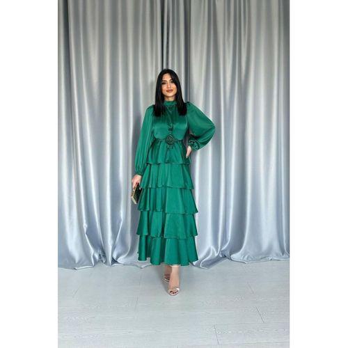 Zümrüt Saten Büzgülü Kat Kat Elbise