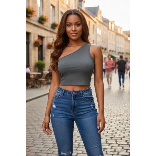Kadın Koyu Gri Fit Görünümlü Tek Omuz Crop Top Büstiyer