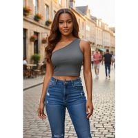 Kadın Koyu Gri Fit Görünümlü Tek Omuz Crop Top Büstiyer