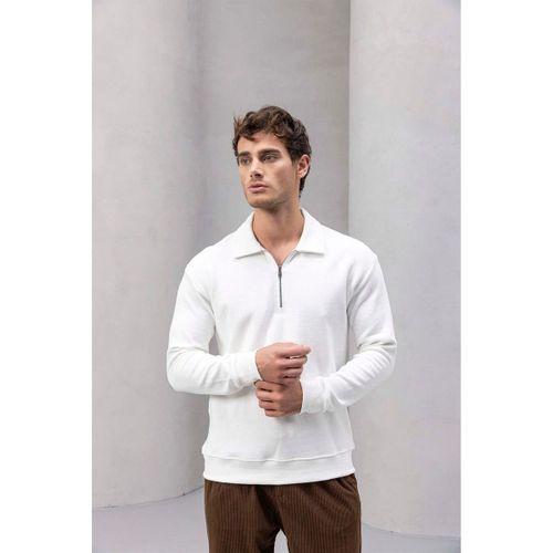 Eric Relax Fit Yarım Fermuarlı Polo Yaka Selanik Kumaş Erkek Sweatshirt - Ekru