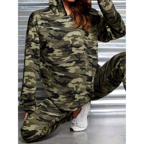 Kadın Uzun Kollu Kapşonlu Kamuflaj Desenli Bluz Ve Pantolon Tayt Ikili Takım