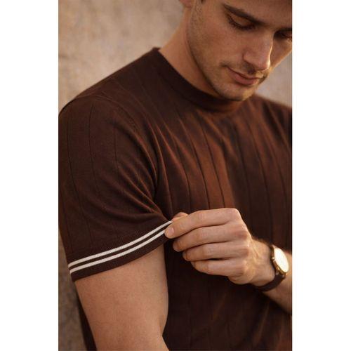 Dale Kolları Şeritli Bisiklet Yaka İnce Triko Örme Regular Fit Erkek T-Shirt - Kahve