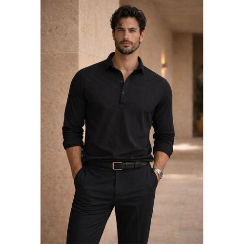 Yarım Pat Yakalı York Pamuk Kumaşlı Uzun Kollu Erkek Gömlek - Siyah