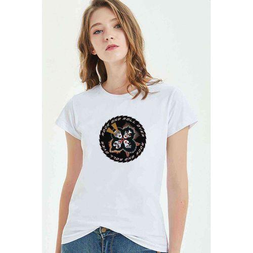 Rock And Roll Over Kiss Rock Baskılı Beyaz Kadın Tshirt