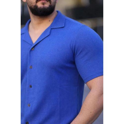 Erkek Waffle Kumaş Kısa Kollu Düğmeli Açık Yaka Regular Fit Gömlek - Saks Mavisi