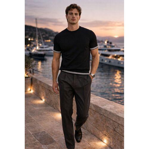 Dale Kolları Şeritli Bisiklet Yaka İnce Triko Örme Regular Fit Erkek T-Shirt - Siyah