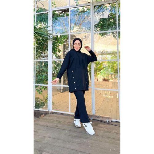 Kapşonlu Çıtçıt Detaylı Kısa Sweat Pantolon İkili Tesettür Eşofman Takımı - 03079.003 - Siyah
