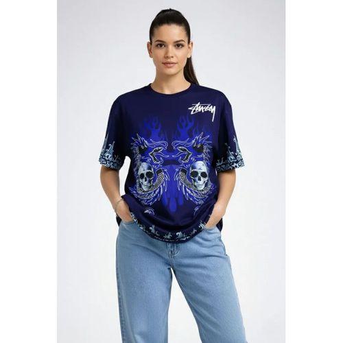 Lacivert Oversize Tişört Dragon - Kuru Kafa Baskılı Bisiklet Yaka T-Shirt - Lacivert