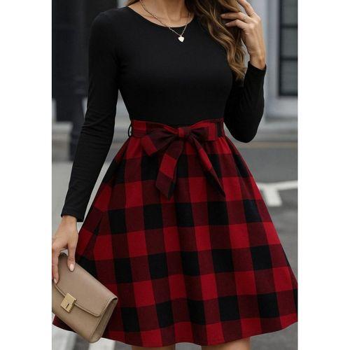 Kadın Uzun Kollu Bisiklet Yaka üst Viskon Alt Ekose Kısa Elbise