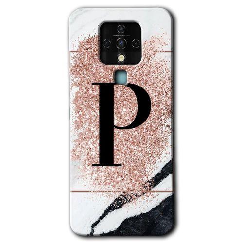 Tecno Camon 16 Kılıf HD Desen Baskılı Arka Kapak+Temperli Cam - Pembe Mermer Desenli P Harfi
