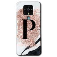Tecno Camon 16 Kılıf HD Desen Baskılı Arka Kapak+Temperli Cam - Pembe Mermer Desenli P Harfi