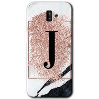 Samsung Galaxy J6 Plus Kılıf Baskılı Kapak - Pembe Mermer Desenli J Harfi + 5D Tam Kaplayan Cam
