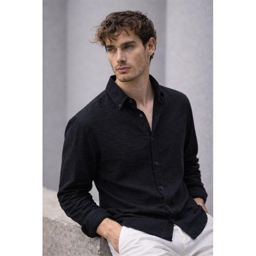 Pera Kumaş Keten Görünümlü Yarım Oversize Uzun kollu Erkek Gömlek - Siyah