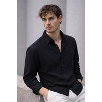 Pera Kumaş Keten Görünümlü Yarım Oversize Uzun kollu Erkek Gömlek - Siyah