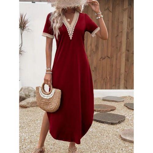 Kadın Kısa Kollu Dantel V Yakalı Uzun Viskon Elbise