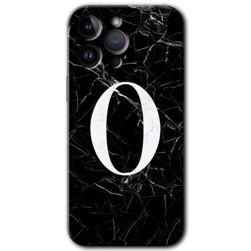 Potkal Hediye Fabrikası Potkal Hediye Fabrikası iPhone 14 Pro Kılıf HD Desen Baskılı Arka Kapak - Temperli Cam - Siyah Mermer Desenli O Harfi