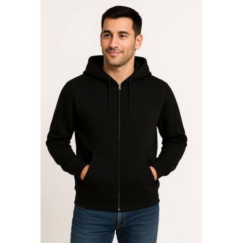 Erkek Üç İplik Kapüşonlu Tam Fermuarlı Kanguru Çepli SweatShirt Hoodie - Siyah