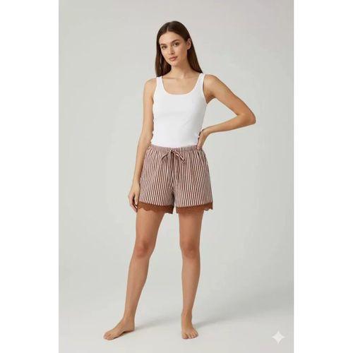 Çizgili Penye Kadın Ev Şortu Bacak Dantel Detaylı Ev Giyim Kahverengi