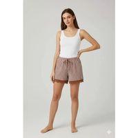 Çizgili Penye Kadın Ev Şortu Bacak Dantel Detaylı Ev Giyim Kahverengi