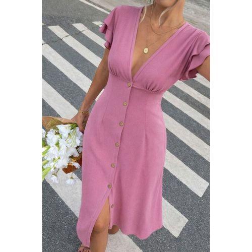 Kadın Kısa Kollu V Yakalı önden Düğmeli Bürümcük Midi Elbise