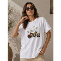 Motosiklet Baskılı Tişört Bisiklet Yaka Kısa Kol Yazlık T-Shirt - Beyaz