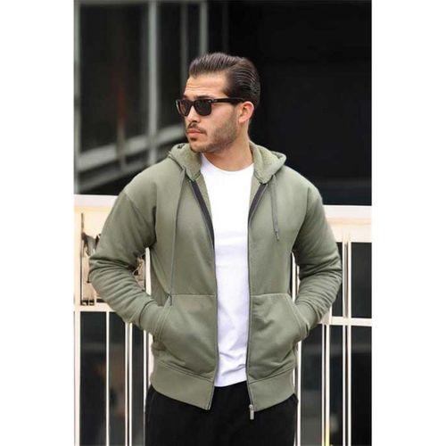 İçi Peluş Üç İplik Kumaş Oversize Fermuarlı Kapüşonlu Sweatshirt- Avcı Yeşili