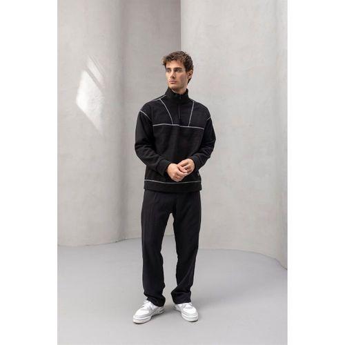 Crowe Şerit Detaylı Yarım Fermuar Polar Sweatshirt Siyah - Bezayağı Kumaş Pantolon Siyah