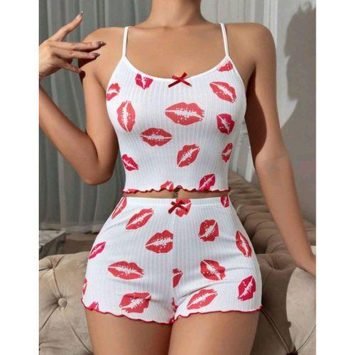 Kadın Beyaz Dudak Desenli Seksi Gecelik Takım 6642