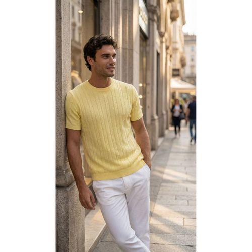 Erkek Örgü Desen Bisiklet Yaka Triko Tişört - %100 Pamuk Akrilik