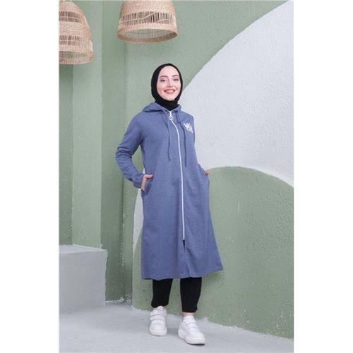 Yazı Baskılı Fermuarlı Kapşonlu Uzun Sweat - 03081.006 - İndigo