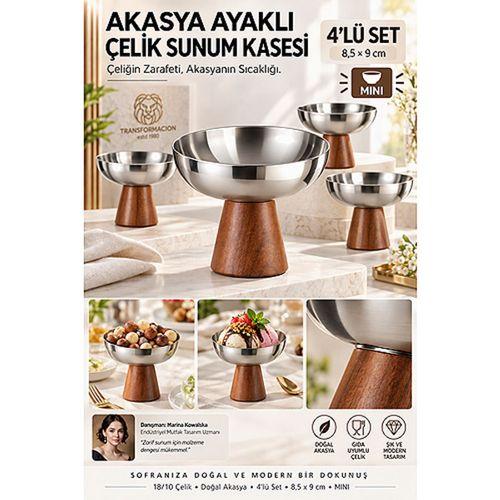 4 lü - MIDI - Akasya Ayaklı Çelik Dondurmalık  Çerezlik Pasta Meyve Sunum Kasesi İkramlık Seti 18/10 304 Çelik 723769