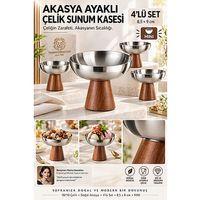 4 lü - MIDI - Akasya Ayaklı Çelik Dondurmalık  Çerezlik Pasta Meyve Sunum Kasesi İkramlık Seti 18/10 304 Çelik 723769