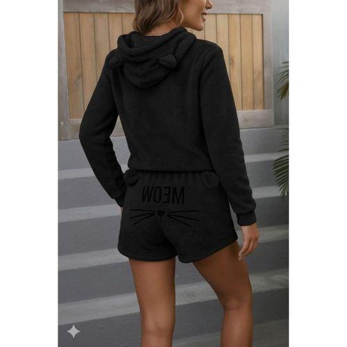 Kadın Uzun Kollu Kapşonlu Peluş Bluz Ve Kısa Short Ikili Takım