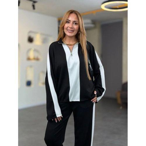 Kadın Uzun Kollu Yakadan Fermuarlı Viskon Iki Iplik Bluz Ve Pantolon Ikili Takım