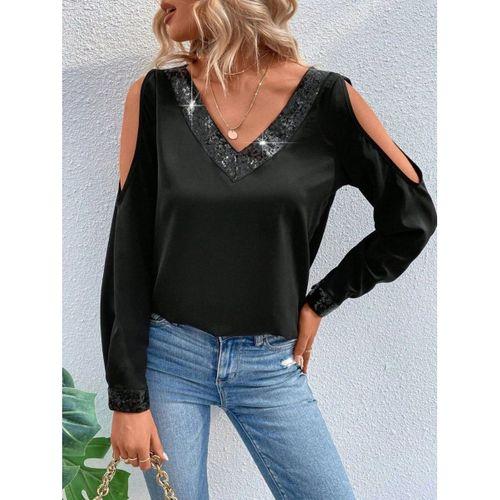 Kadın Uzun Kollu V Yakalı Omuzlardan Açık Sandy Bluz