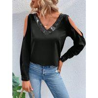 Kadın Uzun Kollu V Yakalı Omuzlardan Açık Sandy Bluz